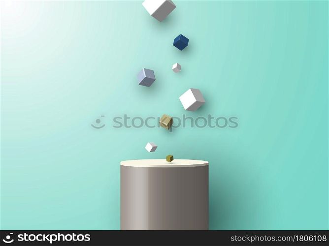 3D realistic studio platform presentation podium festive cube box fall effect elements on green mint background. Vector illustration
