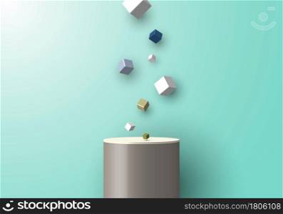 3D realistic studio platform presentation podium festive cube box fall effect elements on green mint background. Vector illustration