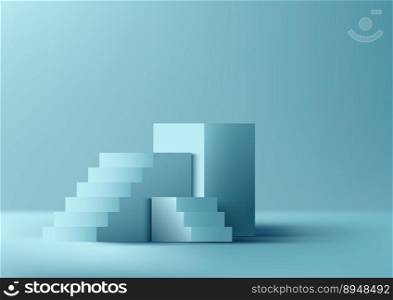 3D realistic studio room blue cube podium stand with ladder steps success on minimal wall scene blue background. Product display for beauty cosmetic, showroom, showcase, presentation, etc. Vector illustration