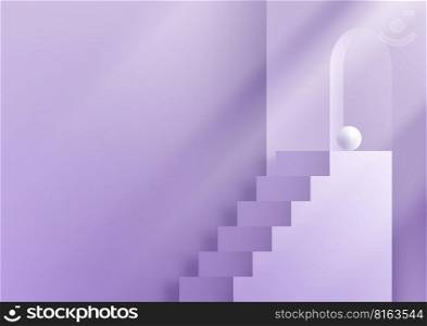 3D realistic studio room purple ladder steps stand go to business success on minimal wall scene background with lighting. Product display for beauty cosmetic, showroom, showcase, presentation, etc. Vector illustration