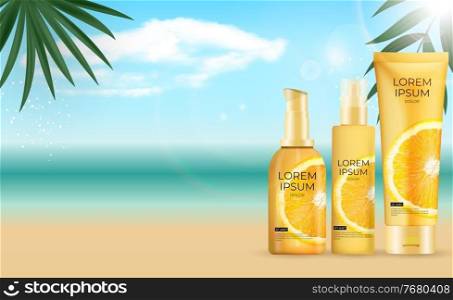 3D Realistic sun Protection Cream Bottle Background with palm leaves, sea and orange. Design Template of Fashion Cosmetics Product. Vector Illustration EPS10. 3D Realistic sun Protection Cream Bottle Background with palm leaves, sea and orange. Design Template of Fashion Cosmetics Product. Vector Illustration