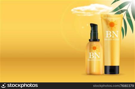 3D Realistic sun Protection Cream Bottle on Sunny Background with cloud, palm leaves. Design Template of Fashion Cosmetics Product. Vector Illustration EPS10. 3D Realistic sun Protection Cream Bottle on Sunny Background with cloud, palm leaves. Design Template of Fashion Cosmetics Product. Vector Illustration