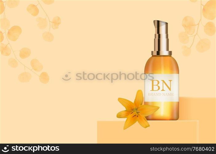 3D Realistic sun Protection Cream Bottle on Sunny Yellow Background. Design Template of Fashion Cosmetics Product. Vector Illustration EPS10. 3D Realistic sun Protection Cream Bottle on Sunny Yellow Background. Design Template of Fashion Cosmetics Product. Vector Illustration