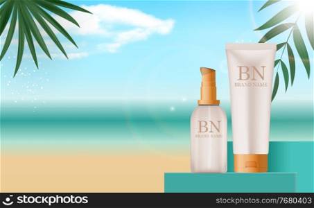3D Realistic sun Protection Cream Bottle set on Summer Sea Background, palm leaves. Design Template of Fashion Cosmetics Product. Vector Illustration EPS10. 3D Realistic sun Protection Cream Bottle set on Summer Sea Background, palm leaves. Design Template of Fashion Cosmetics Product. Vector Illustration