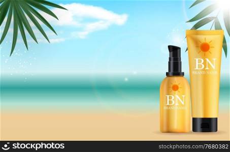 3D Realistic sun Protection Cream Bottle set on Summer Sea Background with palm leaves. Design Template of Fashion Cosmetics Product. Vector Illustration EPS10. 3D Realistic sun Protection Cream Bottle set on Summer Sea Background with palm leaves. Design Template of Fashion Cosmetics Product. Vector Illustration
