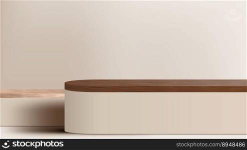 3D realistic top of surface wooden podium platform stand minimal wall scene on beige background. Display for spa and beauty, cosmetic product presentation showcase, mock up stage, cosmetic product display. Vector illustration