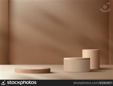 3D realistic top of wood surface podium platform stand minimal wall scene on beige background. Product display mockup for beauty cosmetic, showroom, showcase, presentation, etc. Vector illustration