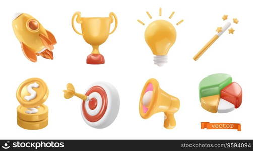 3d realistic vector icon set. Rocket, cup, light bulb, magic wand, coins, target, megaphone, diagram. Business objects