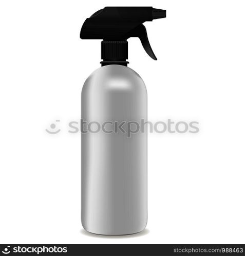 3d realistic Vector White plastic or metal Spray Bottle with black cup isolated on white background. Vector illustration for cleaner, water and another cemical products.. 3d realistic Vector White plastic or metal Spray