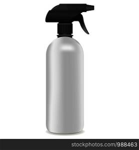 3d realistic Vector White plastic or metal Spray Bottle with black cup isolated on white background. Vector illustration for cleaner, water and another cemical products.. 3d realistic Vector White plastic or metal Spray