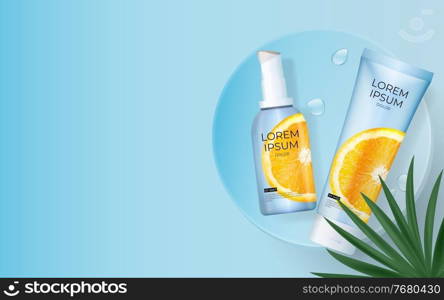 3D Realistic Vitamin C Sunscreens Cream Bottle with palm leaves, podium and orange. Design Template on blue background of Fashion Cosmetics Product. Vector Illustration. 3D Realistic Vitamin C Sunscreens Cream Bottle with palm leaves, podium and orange. Design Template on blue background of Fashion Cosmetics Product. Vector Illustration EPS10