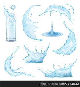 3d realistic water splash set on blank background with isolated images of droplets and fluid flows vector illustration