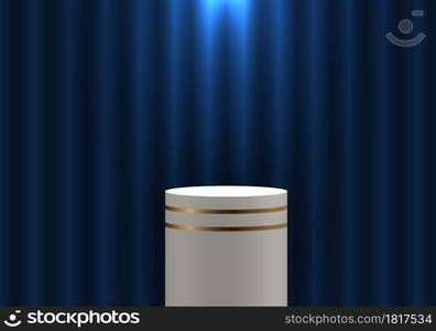 3D realistic white and gold pedestal cylinder product shelf on blue curtain with spotlight backdrop luxury background and texture. Vector illustration