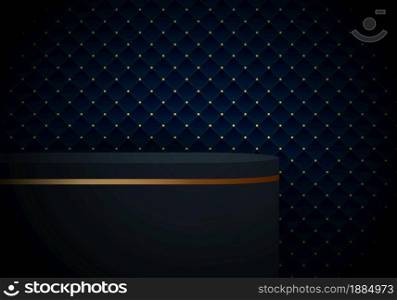 3D realistic white and gold pedestal cylinder product shelf on blue geometric squares pattern design with golden dots luxury background and texture. Vector illustration