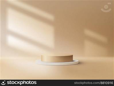 3D realistic white and gold podium stand pedestal with window lighting on golden studio room background. You can use for luxury products display presentation, cosmetic display mockup, showcase, etc. Vector illustration