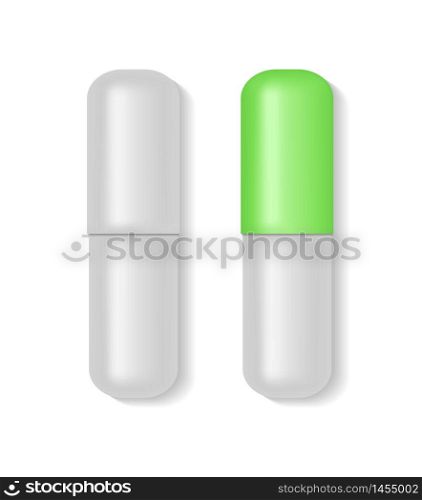 3d realistic white and green medical pill or capsule on isolated background. Two medical capsule pill in mockup style. Medical and healthcare concept.Pill for medicine. vector illustration eps10. 3d realistic white and green medical pill or capsule on isolated background. Two medical capsule pill in mockup style. Medical and healthcare concept.Pill for medicine. vector illustration