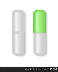 3d realistic white and green medical pill or capsule on isolated background. Two medical capsule pill in mockup style. Medical and healthcare concept.Pill for medicine. vector illustration eps10. 3d realistic white and green medical pill or capsule on isolated background. Two medical capsule pill in mockup style. Medical and healthcare concept.Pill for medicine. vector illustration