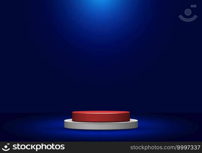 3d realistic white and red round shape pedestal with spotlight on blue studio room background. Stage display podium for product advertising. Vector illustration