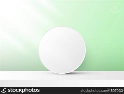 3D realistic white circle backdrop on green background with stage and lighting. Vector illustration