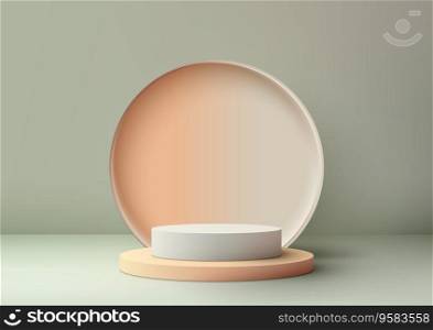 3D realistic white color podium with circles backdrop on the floor in soft green background. a perfect mockup for product display. vector illustration