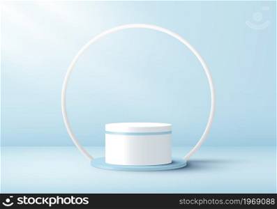 3D realistic white cylinder pedestal and circle line backdrop on soft blue studio room background. Geometric platform design. You can use for product display, presentation cosmetic, etc. Vector illustration