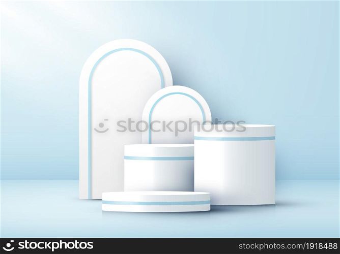 3D realistic white cylinder pedestal and rounded backdrop on blue studio room background. Geometric platform design. You can use for product display, presentation cosmetic, etc. Vector illustration