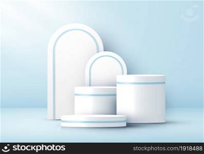 3D realistic white cylinder pedestal and rounded backdrop on blue studio room background. Geometric platform design. You can use for product display, presentation cosmetic, etc. Vector illustration