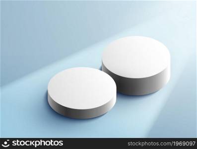 3D realistic white cylinder pedestal on blue studio room background. Geometric platform design. You can use for product display, presentation cosmetic, etc. Vector illustration