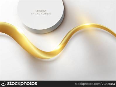 3D realistic white cylinder podium and golden wave curved line elements with lighting effect on white studio room background luxury style. You can use for product display, presentation cosmetic, etc. Vector illustration