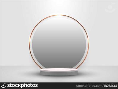 3D realistic white cylinder podium minimal scene and circle and gold border backdrop in clean background. You can use for show cosmetic products, stage showcase, presentation, mockup. Vector illustration