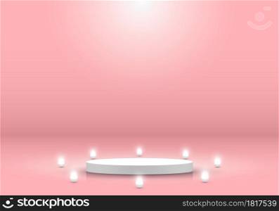 3D realistic white cylinder podium pedestal platform display product minimal scene background with neon sphere ball for cosmetic beauty. You can use for presentation, concert, exhibition, etc. Vector illustration