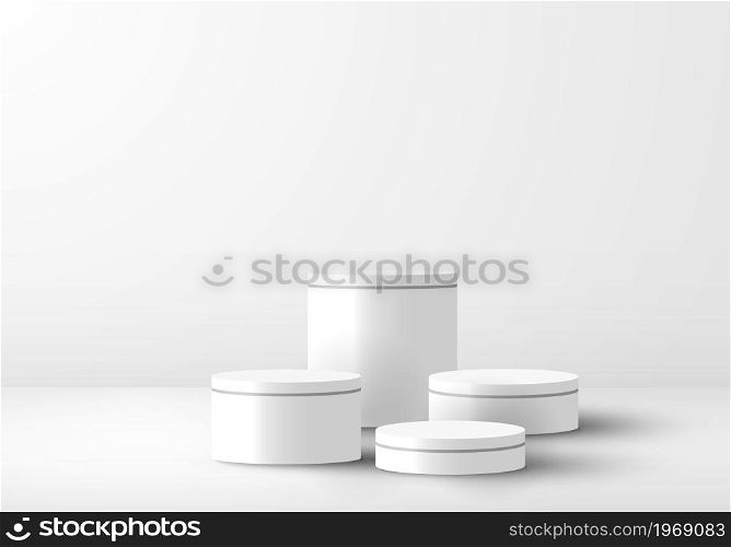 3D realistic white cylinder podium pedestal with light on clean studio room background. Geometric platform design. You can use for product display, presentation cosmetic, etc. Vector illustration