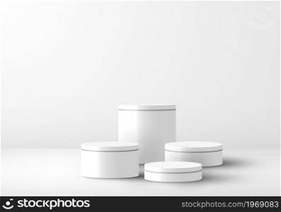 3D realistic white cylinder podium pedestal with light on clean studio room background. Geometric platform design. You can use for product display, presentation cosmetic, etc. Vector illustration