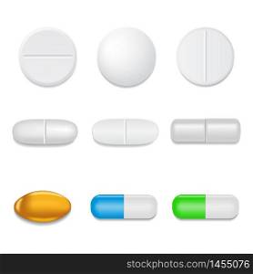 3d realistic white medical pill or tablet on isolated background. Set of medical round pill and capsules in mockup style. Medical and healthcare concept. vector illustration eps10. 3d realistic white medical pill or tablet on isolated background. Set of medical round pill and capsules in mockup style. Medical and healthcare concept. vector illustration