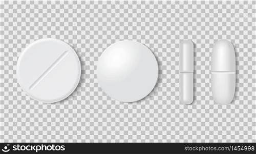 3d realistic white medical pill or tablet on transparent background. Set of medical round pill and capsules in mockup style. Medical and healthcare concept. vector illustration. 3d realistic white medical pill or tablet on transparent background. Set of medical round pill and capsules in mockup style. Medical and healthcare concept. vector