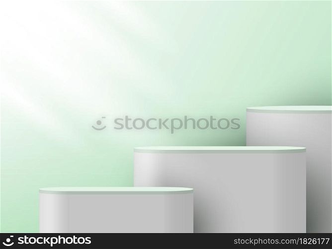 3D realistic white pedestal on green mint backdrop for product display. Platform in studio lighting background. Museum showcase concept. You can use for show cosmetic products. Vector illustration