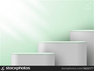 3D realistic white pedestal on green mint backdrop for product display. Platform in studio lighting background. Museum showcase concept. You can use for show cosmetic products. Vector illustration