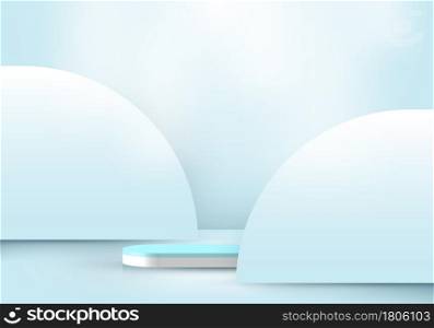 3D realistic white pedestal podium with blue pastel rounded backdrop and lighting for product display presentation. Vector illustration