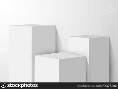 3D realistic white pedestal rectangular box studio room with light product shelf on clean background. Vector illustration