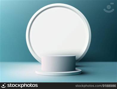 3D realistic white podium pedestal stand with circle backdrop on blue background. You can use for product display presentation, cosmetic display mockup, showcase, media banner, etc. Vector illustration
