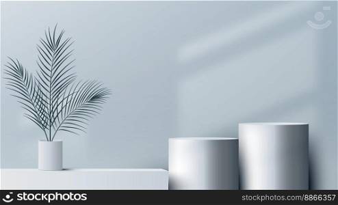 3D realistic white podium platform pedestal stand decoration with vase and palm leaves and lighting window on soft blue background minimal style. Studio room elegant wall scene. Products display cosmetic advertising showcase. Vector illustration