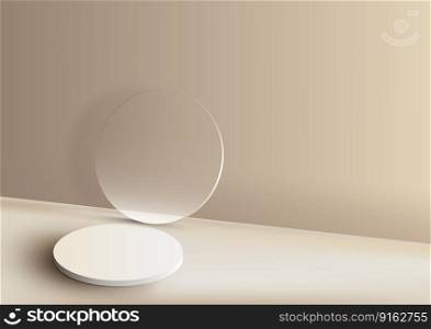3D realistic white podium platform stand with circle transparent glass minimal wall scene on beige background. Display for spa and beauty, cosmetic product presentation showcase, mock up stage, cosmetic product display. Vector illustration