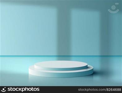 3D realistic white podium stand on light blue background with window lighting. Product display for beauty cosmetic advertising, mockup product showcase, business presentation, showroom, exhibition, etc. Vector illustration
