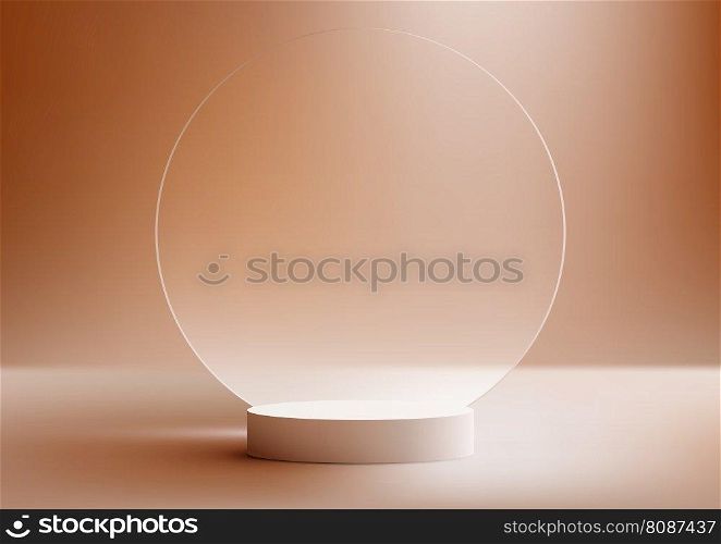 3D realistic white podium stand with circle transparent glass backdrop and natural light on minimal wall scene brown background. Product display for beauty cosmetic advertising, mockup product showcase, business presentation, showroom, exhibition, etc. Vector illustration
