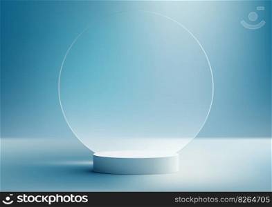 3D realistic white podium stand with circle transparent glass backdrop and natural light on minimal wall scene blue background. Product display for beauty cosmetic advertising, mockup product showcase, business presentation, showroom, exhibition, etc. Vector illustration
