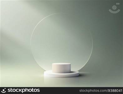 3D realistic white podium, transparent glass circle backdrop on green background, and a sleek vector illustration style, this mockup is perfect for commercial designs and branding. Create an elegant and attractive composition