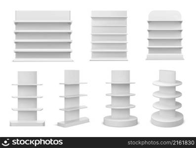 3d realistic white supermarket shelving display and bookstore racks. Empty market, shop or store shelf. Promotion stand mockup vector set. Showcase for product marketing, commercial presentation. 3d realistic white supermarket shelving display and bookstore racks. Empty market, shop or store shelf. Promotion stand mockup vector set