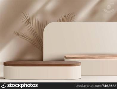 3D realistic wood podium platform stand decoration with golden palm leaves and natural tree leaf shadow backdrop minimal wall scene on beige background. Display for spa and beauty, cosmetic product presentation showcase, mock up stage, cosmetic product display. Vector illustration
