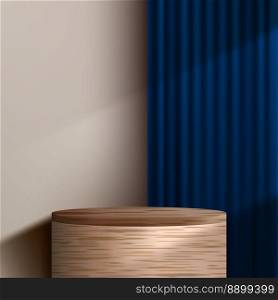 3D realistic wooden podium pedestal stand with blue curtain backdrop on beige background luxury style. You can use for cosmetic, product display mockup, spa beauty, showroom, showcase, sale promotion, etc. Vector illustration