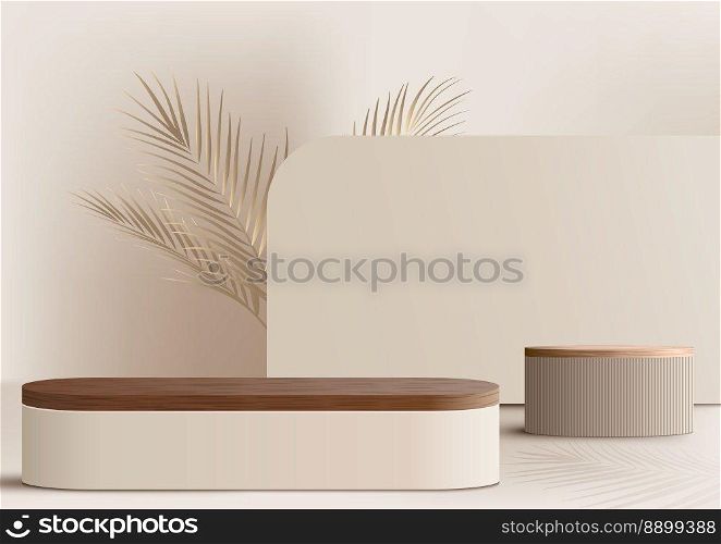 3D realistic wooden podium platform stand decoration decoration with golden palm leaves backdrop minimal wall scene on beige background. Display for spa and beauty, cosmetic product presentation showcase, mock up stage, cosmetic product display. Vector illustration